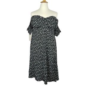 Shein Curve Micro 90s Floral Print Black Midi Dress Off The Shoulder Sleeve Cap